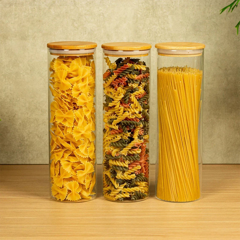 Potes de Vidro com Tampa de Bambu Oikos -  03 Pçs