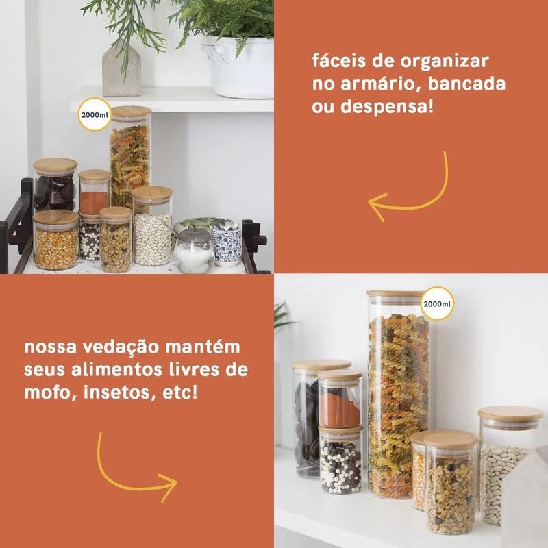 Potes de Vidro com Tampa de Bambu Oikos -  03 Pçs