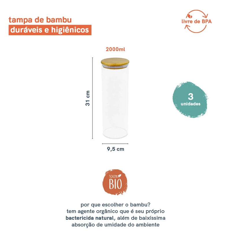 Potes de Vidro com Tampa de Bambu Oikos -  03 Pçs