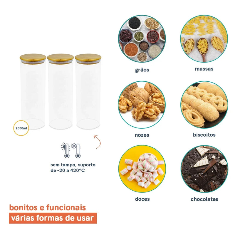 Potes de Vidro com Tampa de Bambu Oikos -  03 Pçs