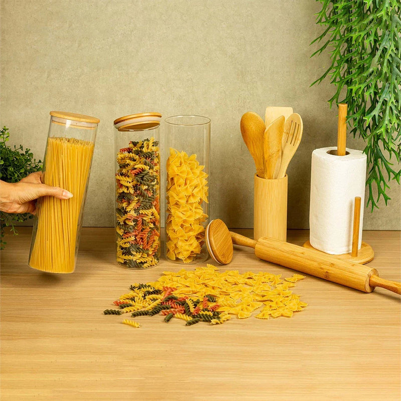 Potes de Vidro com Tampa de Bambu Oikos -  03 Pçs