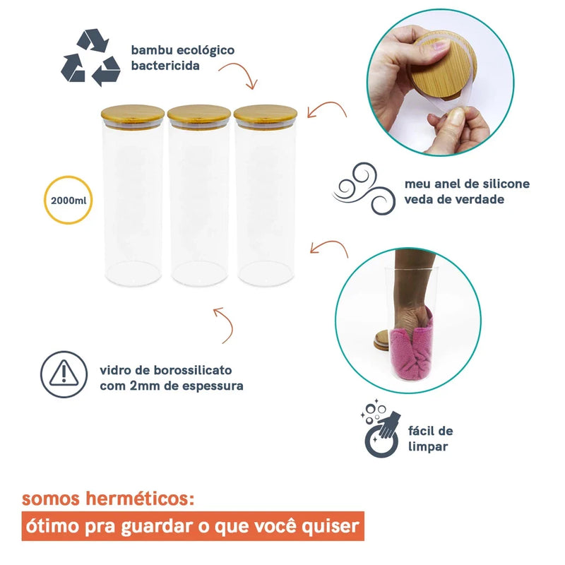 Potes de Vidro com Tampa de Bambu Oikos -  03 Pçs