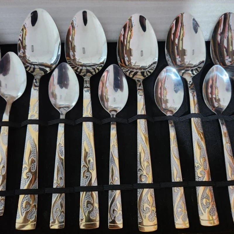 Kit Talheres Floral Dourado com 24 Peças em Aço Inox