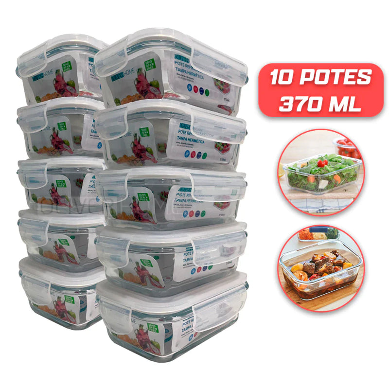 Kit 10 Potes de Vidro 370ml Hermético