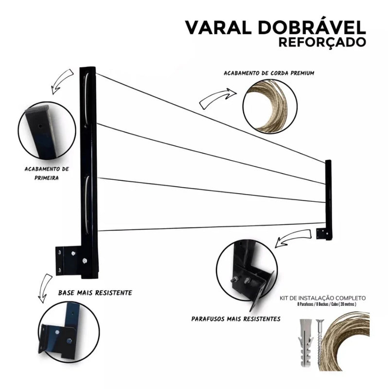 Varal de Roupa Retrátil de Parede em Alumínio