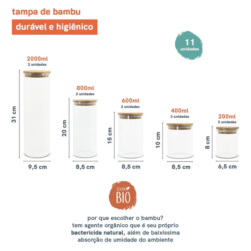 Potes de Vidro com Tampa de Bambu Oikos -  11 Pçs